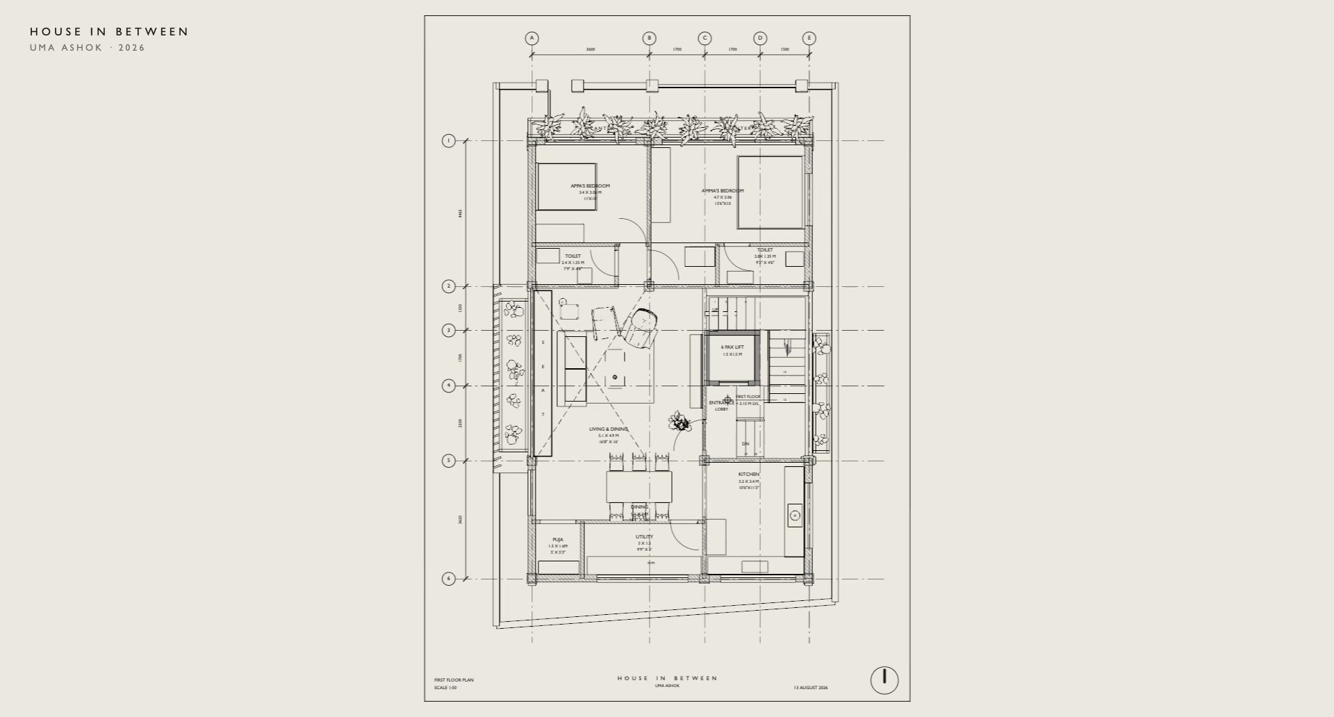 First floor plan of House in Between, drawn at 1:50